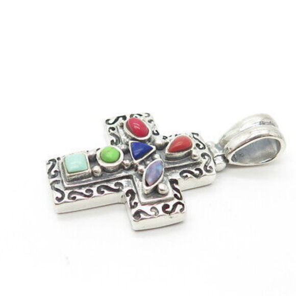 925 Sterling Silver Vintage Lapis Lazuli Coral & Turquoise Gem Cross Pendant - Picture 5 of 8